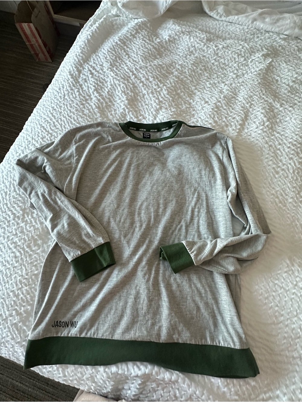 Jason Wu Light Gray Long-Sleeve Tee with Dark Green Trim